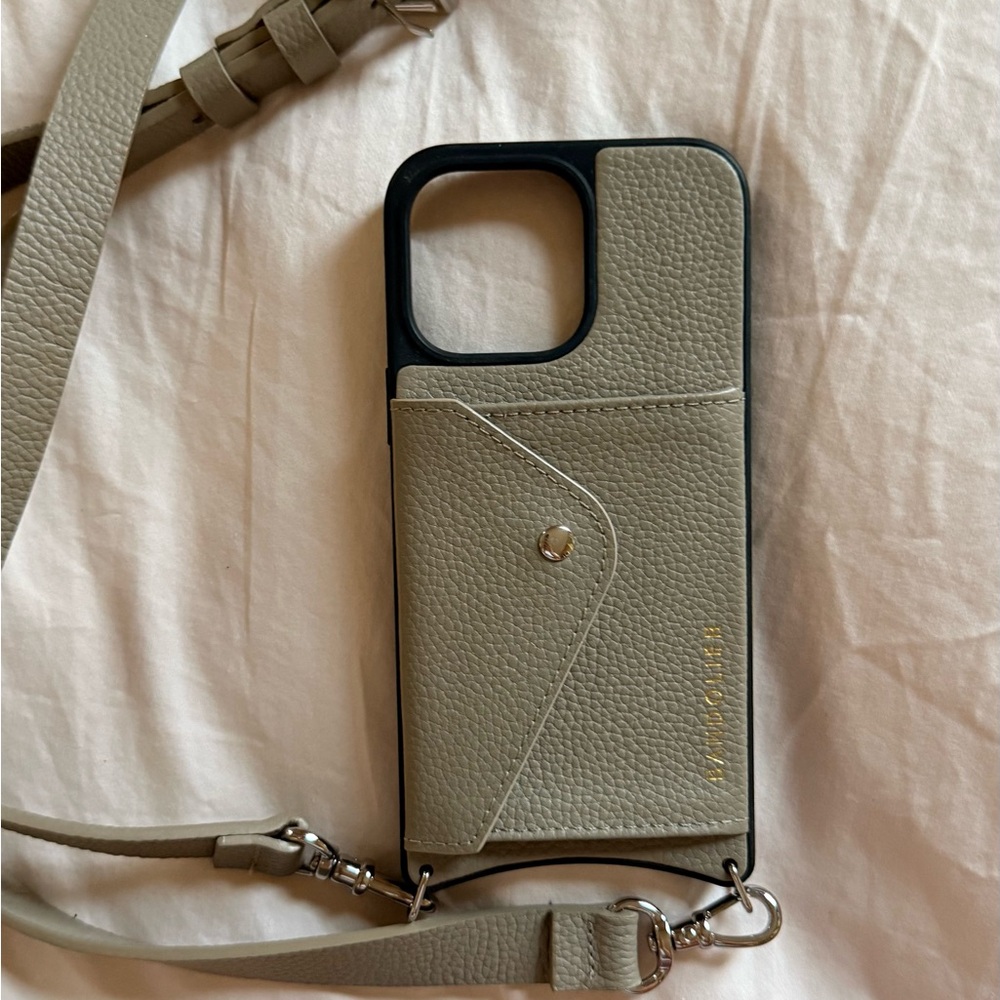 iPhone 14 Pro Max Stylish Leather Case with Strap - Gray